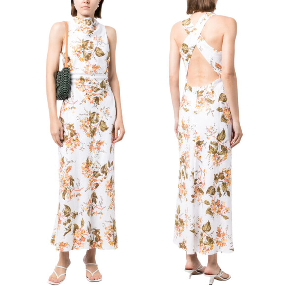 NWT Reformation Maxi Dress White Yellow Floral Strappy Cross Back Mock Neck Sz10 - Picture 1 of 10